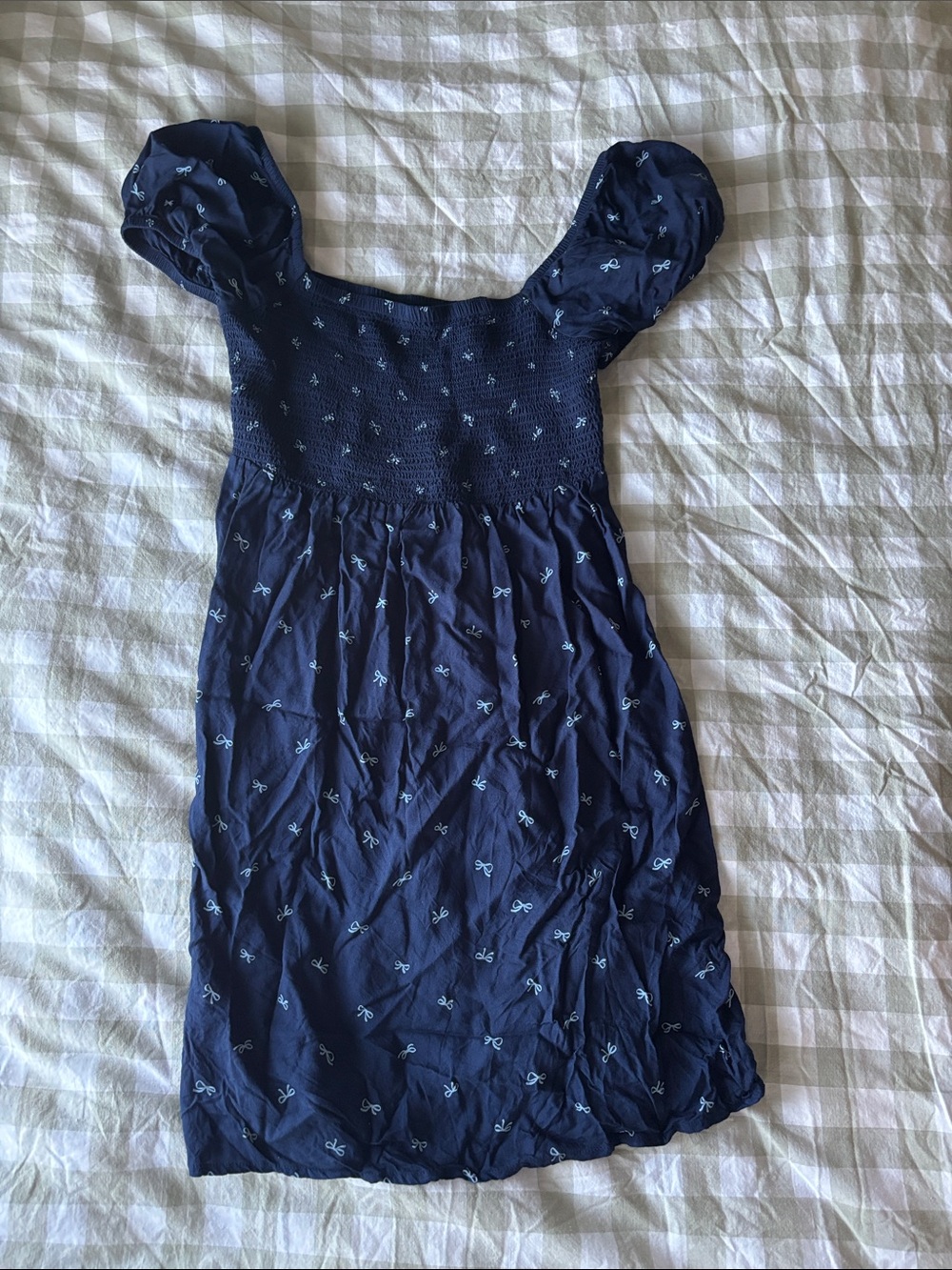 SO Navy Blue Puff Sleeve Smocked Bodice Dress